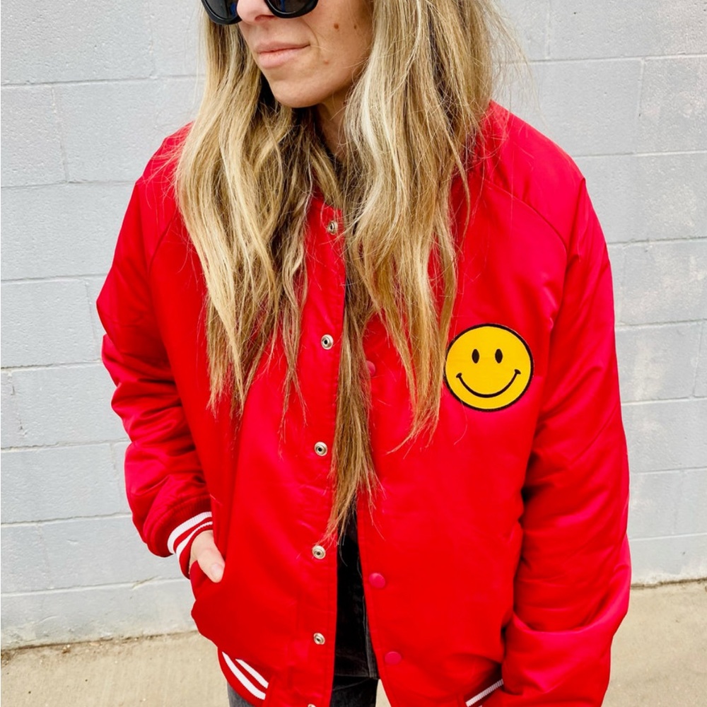 Ascot and Hart Satin Bomber Jacket in Red with Smiley Face
